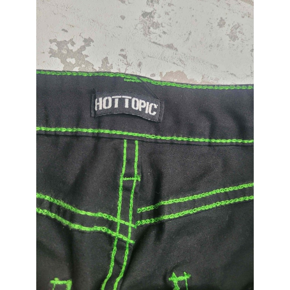 Hot Topic Black and Green Skull Stud Strap Flare Pants Junior's Size 9 Goth Punk - Picture 8 of 9
